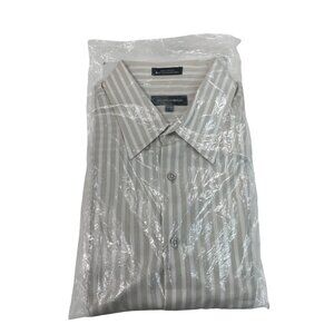 Michael Brandon Mens Striped Button-Up Shirt Beige & White Sz XL (17-17.5)